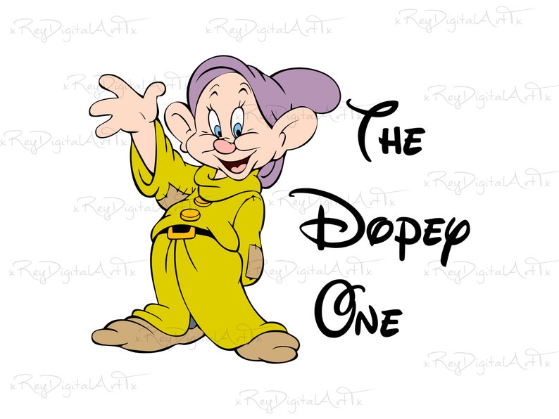 May include: A cartoon illustration of Dopey, one of the seven dwarfs from the Disney movie Snow White and the Seven Dwarfs. He is wearing a yellow shirt and purple hat. The text "The Dopey One" is written in black below him.