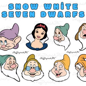 May include: Snow White and the Seven Dwarfs cartoon characters. The characters are all smiling and have different coloured hats. Snow White is wearing a blue dress and a red bow in her hair.