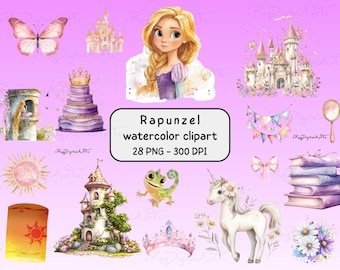 May include: Watercolor clipart set featuring Rapunzel, castles, a unicorn, and other fairytale elements. The image includes a butterfly, a cake, a mirror, a chameleon, a crown, books, and flowers. Text on the image reads "Rapunzel watercolor clipart 28 PNG - 300 DPI."