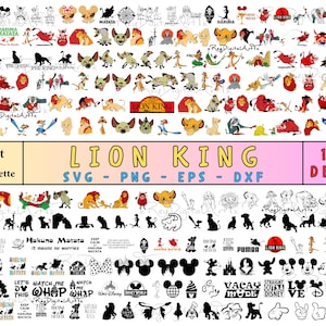 May include: A collection of Lion King-themed digital designs, including characters like Simba, Timon, and Pumbaa, in various styles. The image includes the text "Lion King" and "1100 Design", along with file type indicators like SVG, PNG, EPS, and DXF.