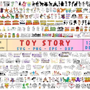 May include: A digital download of over 1200 Toy Story themed SVG, PNG, EPS, and DXF files. The designs feature characters like Woody, Buzz Lightyear, and Jessie, as well as iconic phrases like "To Infinity and Beyond".
