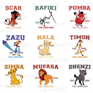 May include: Nine colorful illustrations of characters from the movie The Lion King. Each illustration features a character from the movie, including Simba, Mufasa, Scar, Pumba, Timon, Zazu, Rafiki, Nala, and Shenzi. Each illustration includes the character's name, the movie title, and the year 1994.