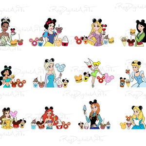 May include: A digital illustration of ten Disney princesses wearing mouse ears and enjoying various snacks and treats. The princesses include Snow White, Cinderella, Ariel, Belle, Jasmine, Mulan, Tiana, Rapunzel, Aurora, and Pocahontas.