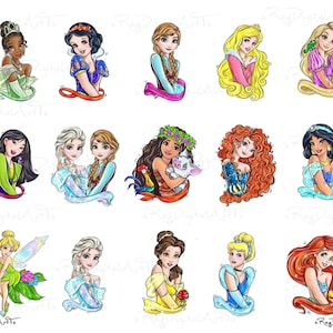 All Princess Watercolor Png Bundle, Princess Clipart Set, Fairytale Character Bundle for Sublimation Design, Magic Kingdom Princess, Digital