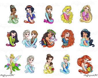 Alle Prinzessin Aquarell Png-Bundle, Prinzessin Clipart-Set, Märchenprinzessin Bundle für Sublimationsdesign, Magic Kingdom Prinzessin, Digital