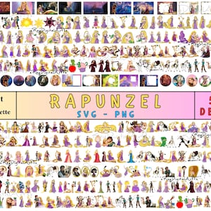Op de afbeelding: Een digitale download van 540 Rapunzel-thema SVG- en PNG-ontwerpen. De ontwerpen bevatten een verscheidenheid aan personages, waaronder Rapunzel, Flynn Rider, Pascal de kameleon en Moeder Gothel. De ontwerpen zijn perfect voor het maken van knutselwerk, scrapbooking en andere creatieve projecten.
