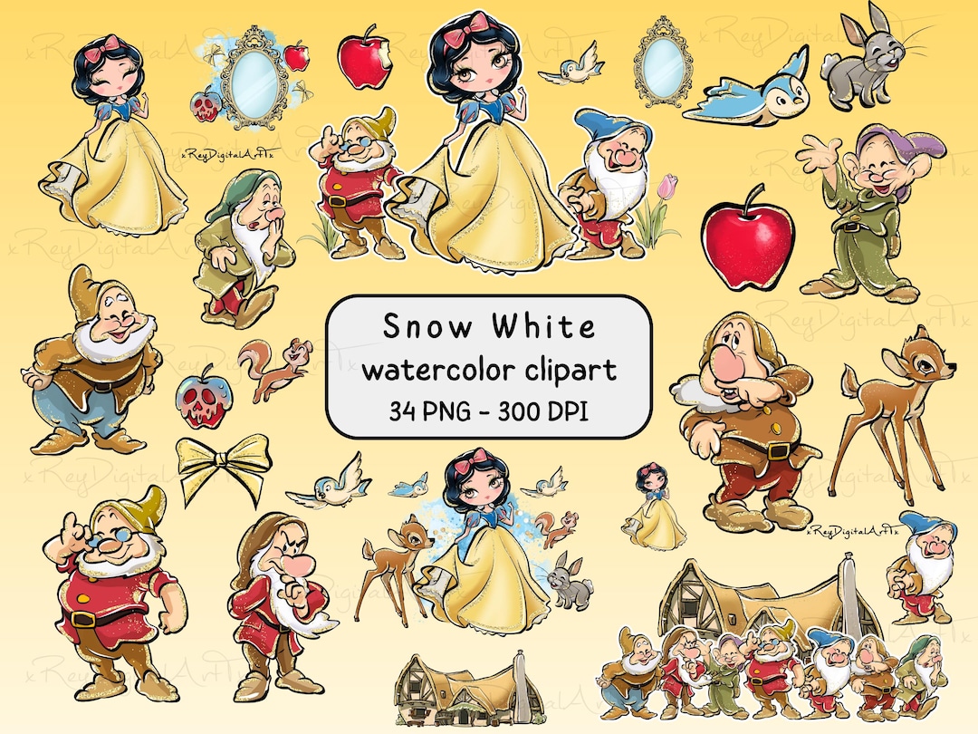Snow White Watercolor Png Bundle, Seven Dwarfs Clipart, Princess ...