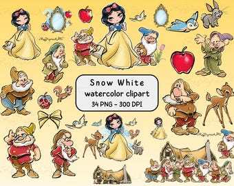 Snow White Watercolor Png Bundle, Seven Dwarfs Clipart, Princess Fairytale Stickers for Crafts, Snow White Clipart, Watercolor Princess Png