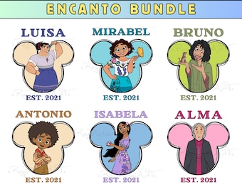 Paquete PNG de orejas de ratón de la familia Encanto, imágenes prediseñadas de Mirabel Luisa Bruno Isabela, diseño de camiseta de vacaciones mágicas, PNG de sublimación digital