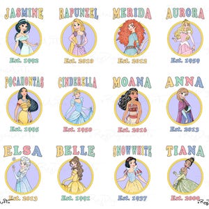 Princess Pastel Clipart Png, Elsa, Belle, Moana, Jasmine, Ariel, Rapunzel, Tiana, Cinderella, Princess Png Bundle, Princess Clipart