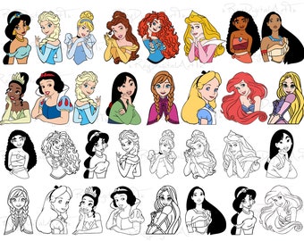 Princess Svg Bundle, Princess Silhouette Svg Files, Tiana Svg, Princess Clipart, Frozen Svg, Rapunzel Svg, Snow White Svg, Svg For Cricut