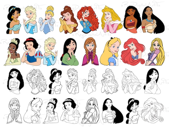 Princess Svg Bundle, Princess Silhouette Svg Files, Tiana Svg, Princess Clipart, Frozen Svg, Rapunzel Svg, Snow White Svg, Svg For Cricut