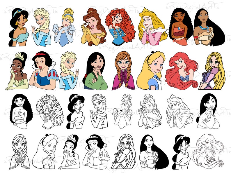 May include: A collection of 40 cartoon illustrations of Disney princesses. The princesses are depicted in various poses and expressions, with some wearing their signature gowns and others in more casual attire. The illustrations are in a colourful cartoon style.