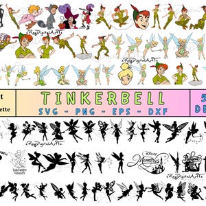 May include: A digital design sheet featuring over 525 Tinkerbell and Peter Pan themed SVG, PNG, EPS, and DXF files. The sheet includes a variety of images, including Tinkerbell, Peter Pan, Captain Hook, and other characters from the Disney movie.