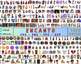 May include: A digital collage of 1200 Encanto character designs, including Mirabel, Bruno, and the Madrigals. The designs are in SVG, PNG, EPS, and DXF formats. The image includes the text "Cricut", "Silhouette", "Encanto", "SVG - PNG - EPS - DXF", "1200 Design", and "Bruno".