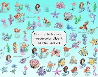 The Little Mermaid Clipart Bundle, Ariel Png Watercolor, Mermaid Digital Download, Under the Sea Clipart, Princess Ariel, Ocean Theme Art