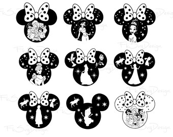 Bundle Mouse Head Princess Png, Princess Digital Download with Outlines, Princess Cut Files For Cricut, Princess Clipart, Princess Vector