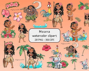 Moana Watercolor Png Bundle, Digital Clipart Png Files, Moana Printable, Moana Birthday, Nursery, Kids Png, Girls Party Png, Princess Moana
