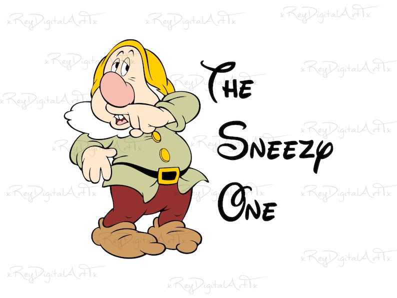 May include: A cartoon illustration of Sneezy, one of the seven dwarfs from the Disney movie Snow White and the Seven Dwarfs. He is wearing a yellow hat, a green shirt, and red pants. The text "THE SNEEZY ONE" is written in black below him.