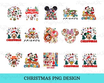 May include: A set of 12 digital Christmas designs featuring Mickey Mouse and friends. The designs include various characters, such as Mickey Mouse, Minnie Mouse, Donald Duck, Goofy, and Pluto, dressed in festive attire and celebrating Christmas. The designs are perfect for creating personalized Christmas cards, invitations, gift tags, and other festive crafts.