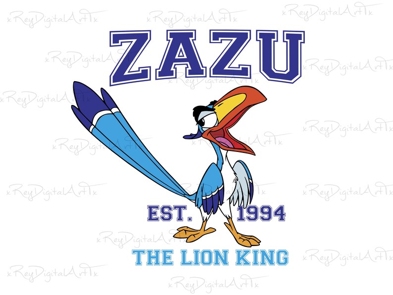 May include: A blue and yellow cartoon bird with a long beak and a blue tail. The bird is looking to the right and has its mouth open. The text "ZAZU" is in blue letters with a white outline. The text "EST. 1994" is in blue letters. The text "THE LION KING" is in blue letters with a white outline.
