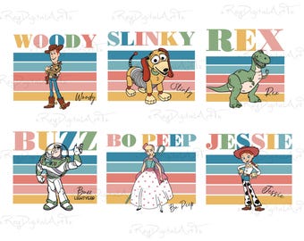 Puede incluir: Un conjunto de nueve ilustraciones digitales coloridas con personajes de la franquicia Toy Story. Cada ilustración presenta un personaje diferente, incluidos Woody, Slinky, Rex, Buzz Lightyear, Bo Peep y Jessie. Las ilustraciones están sobre un fondo de estilo retro con un patrón a rayas.