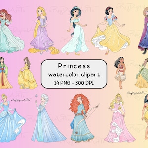 以下が含まれることがあります： 様々なドレスを着た14人のプリンセスのイラストが描かれた水彩画のクリップアート。プリンセスは、青、黄色、ピンク、緑など、さまざまな色で描かれています。画像には「Princess watercolor clipart 14 PNG - 300 DPI」というテキストが含まれています。