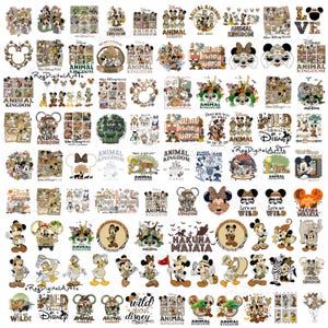 Puede incluir: Una colección de diseños digitales con temática de Disney con Mickey Mouse, Minnie Mouse, Donald Duck y otros personajes. Los diseños incluyen las frases "Animal Kingdom", "Walt Disney World" y "Hakuna Matata".