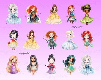 Cute Princess Clipart Bundle, Watercolor Princess Png, Kids Princess Artwork for Sublimation, Princess Printable, Magical Design for Crafts