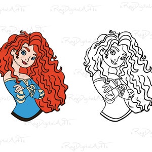 May include: A cartoon illustration of a red-haired princess wearing a blue and white dress. She is standing with her arms crossed and looking to the side. The image is in colour and has a white background.