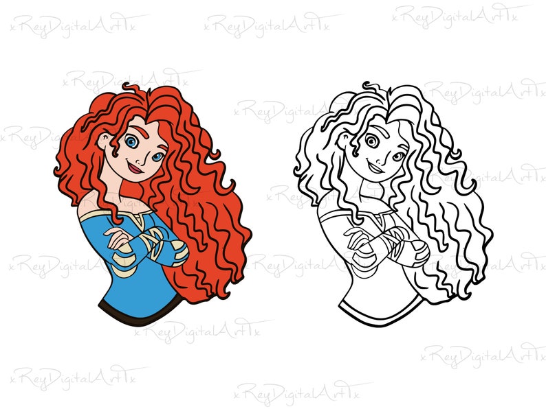 May include: A cartoon illustration of a red-haired princess wearing a blue and white dress. She is standing with her arms crossed and looking to the side. The image is in colour and has a white background.