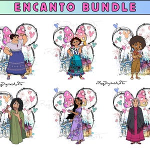 May include: A digital graphic set titled ENCANTO BUNDLE featuring six illustrated characters from the movie Encanto. Each character is positioned in front of a black line-art Mickey Mouse ear silhouette with pink polka-dot bows and castle imagery.