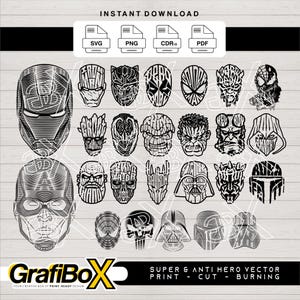 Superhero SVG, Anti hero Svg bundle, Cute Superheroes Avengers Clipart, Thanos Spiderman Hulk Clipart, Most famous superheroes Cut Files