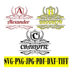May include: Three monogrammed designs with a shield and floral accents. The first design is red with the letter A and the name Alexander. The second design is yellow with the letter B and the name Brooklyn. The third design is black with the letter C and the name Charlotte. The text SVG-PNG-JPG-PDF-DXF-TIFF is at the bottom of the image.