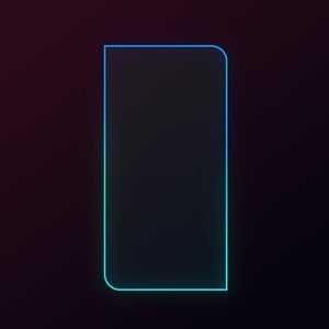 Può includere: Un contorno di un rettangolo con angoli arrotondati in neon blu e verde su uno sfondo viola scuro.