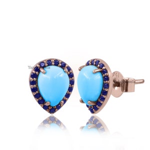 14K Rose Gold Plated Turquoise & Blue Sapphire Push Back Stud Earring Jewelry