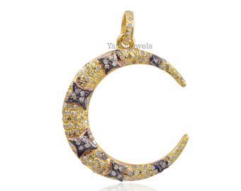 925 silver yellow gold & gray plated diamond moon pendant jewelry