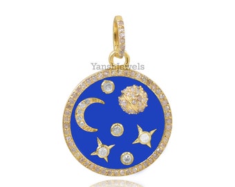 14k yellow Gold pave diamond blue enamel moon star pendant jewelry