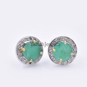 925 Sterling Silver Diamond & Emerald Push Back Stud Earring Jewelry