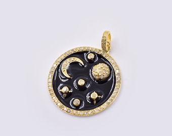 14k Gold Diamond Pendant, Enamel Star Moon Celestial Jewelry