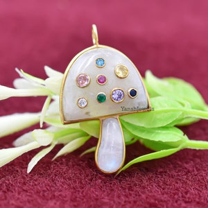 14K yellow gold plated moonstone magic mushroom pendant jewelry