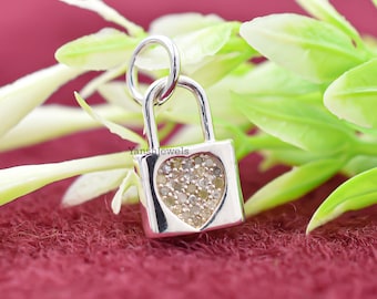 925 Silver Diamond Heart Padlock Charm Jewelry