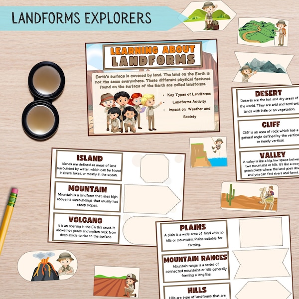 Landforms Kids Printable Activity Lesson, Geography Busy Pages Types of Landform, Montessori Material Preschool Worksheets Matching Game Kid