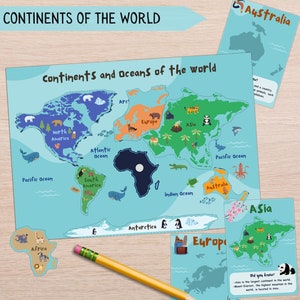 Kontinente & Karteikarten, Erdkunde für Kinder, praktisches Lernen, druckbare Weltkarte, Karte zu Hause - Vorschulkontinente der Welt