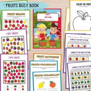 Libro de actividades imprimible sobre frutas, páginas para colorear y carpeta de aprendizaje para niños, hoja de trabajo preescolar de matemáticas sobre frutas, estudio de unidad sobre frutas, Montessori para niños