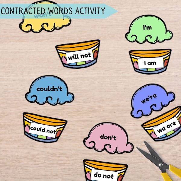 Vocabulary Activity for Kids, Contractions/ Contracted Words Matching Game, English Grammar Game, Language Learning, Montessori Homeschool