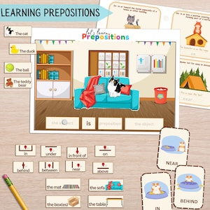 Attività interattiva sulle preposizioni, Flashcard sulle preposizioni, Apprendimento pratico, Grammatica per neonati/bambini, Parti del discorso, Linguaggio Montessori