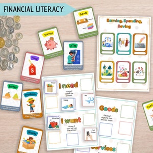 Educación financiera para niños imprimible, herramienta interactiva de aprendizaje financiero, páginas ocupadas, actividades de administración de dinero para niños, educación financiera