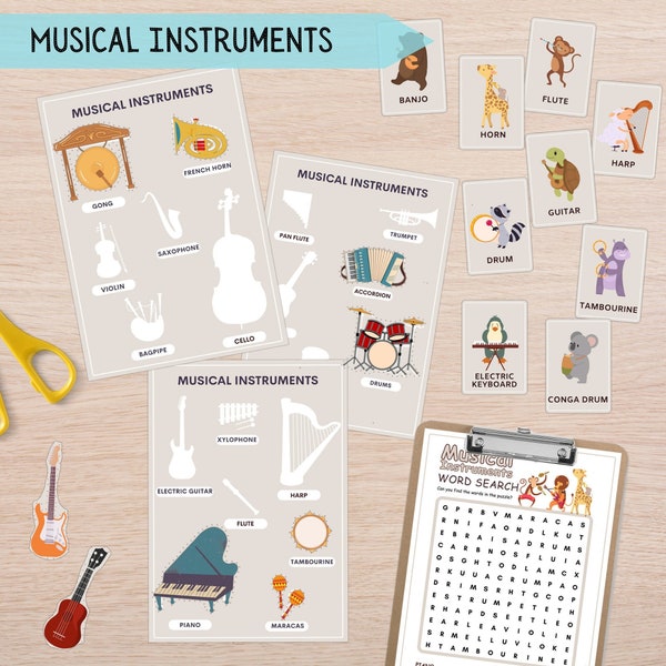 Music Instruments Activity Lesson & Flashcards Montessori Kids, Printable Sorting Busy Pages Toddler Preschool Kindergarten Music Vocabulary