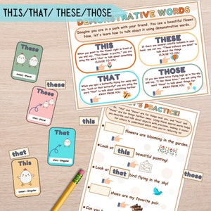 Afdrukbare grammatica-activiteit en flashcards - dit zijn die demonstratieve, woordsoorten, Engelse grammatica thuisschool, lezen voor jonge kinderen